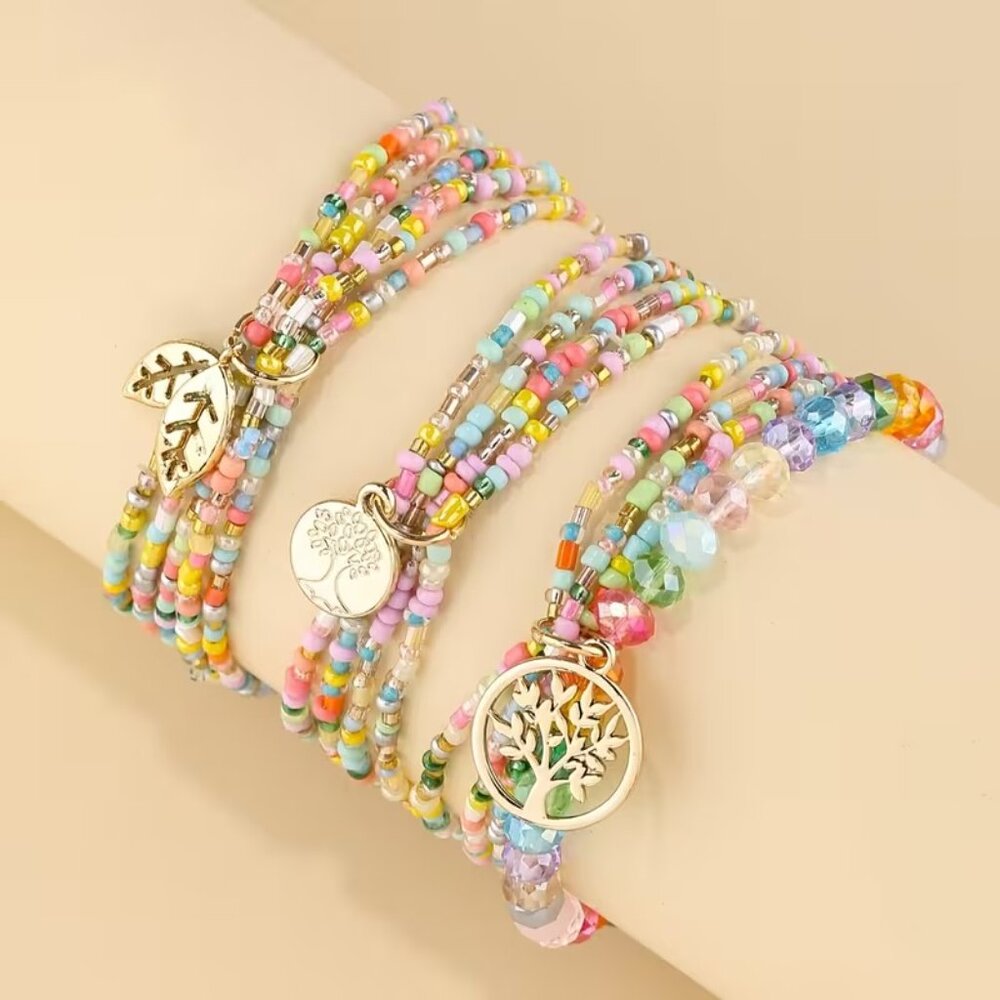 Beaded Stretch Bracelet With Gold Tree Outline -See Through- NWT